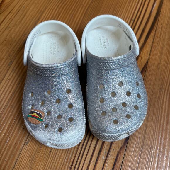 Crocs white silver glitter classic slip on child clog sandal SIZE 10 - Picture 2 of 5